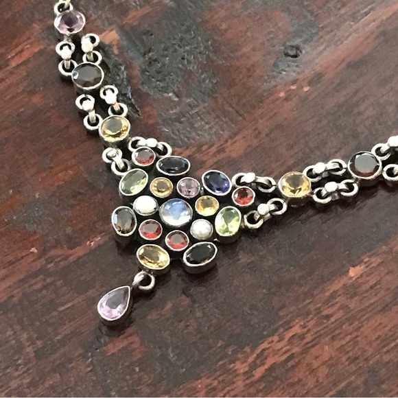 Multi Gemstone Silver Sari Bib Necklace - Picture 11 of 11